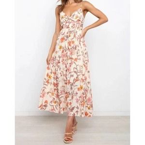 Petal & Pup Tusmore Floral Print Twist Front Midi Slip Dress Cream 6